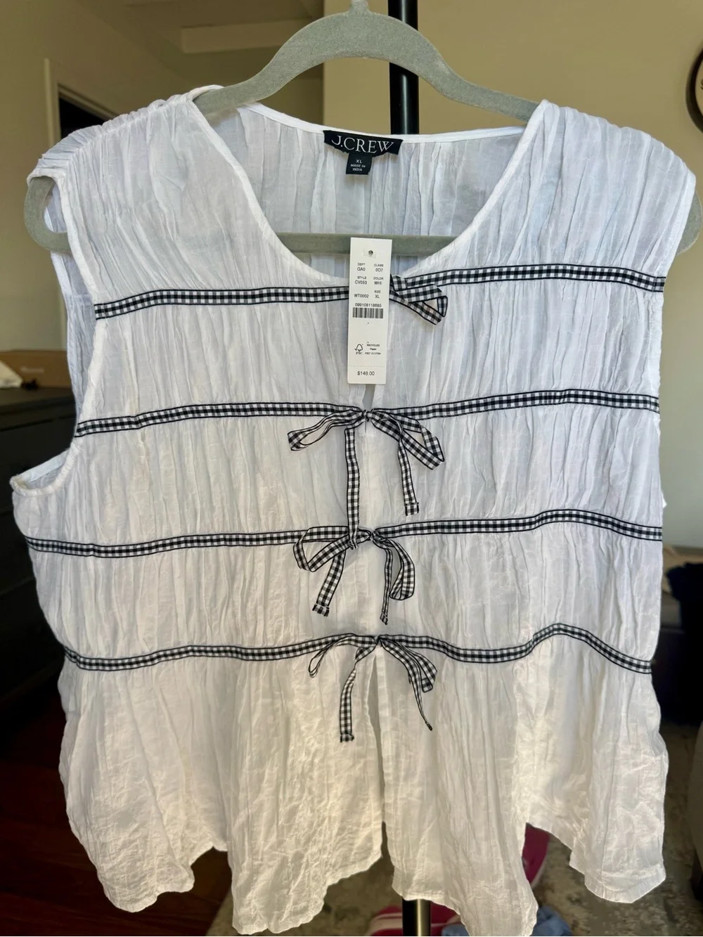 NWT J Crew Tie-front top with gingham details